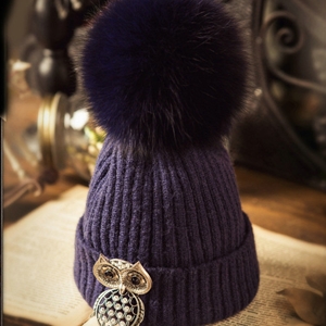 Unique Women Crystal Owls Knitted Wool Hats Winter Warm Fox Fur Pom Poms Caps - Blue