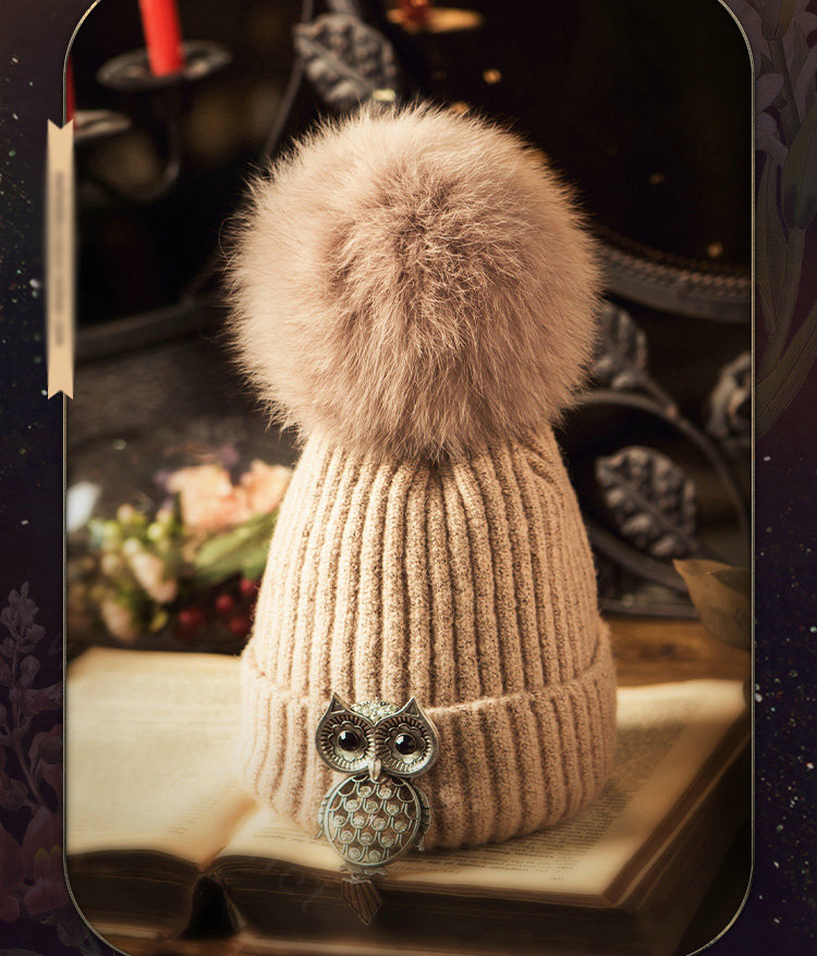 Unique Women Crystal Owls Knitted Wool Hats Winter Warm Fox Fur Pom Poms Caps - Camel
