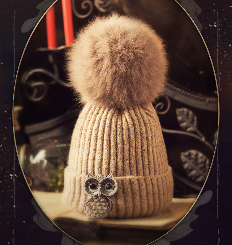 Unique Women Crystal Owls Knitted Wool Hats Winter Warm Fox Fur Pom Poms Caps - Camel