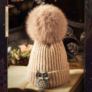 Unique Women Crystal Owls Knitted Wool Hats Winter Warm Fox Fur Pom Poms Caps - Camel