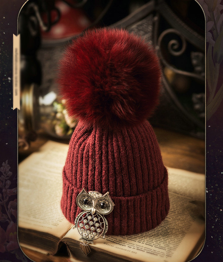 Unique Women Crystal Owls Knitted Wool Hats Winter Warm Fox Fur Pom Poms Caps - Red