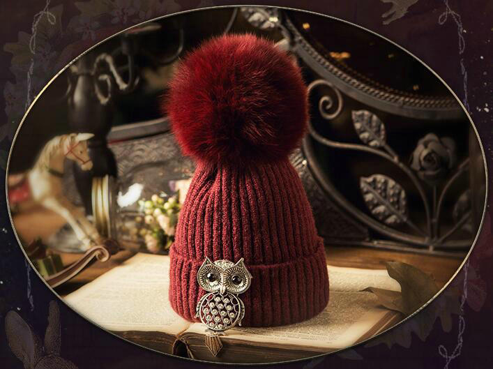 Unique Women Crystal Owls Knitted Wool Hats Winter Warm Fox Fur Pom Poms Caps - Red
