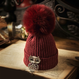 Unique Women Crystal Owls Knitted Wool Hats Winter Warm Fox Fur Pom Poms Caps - Red