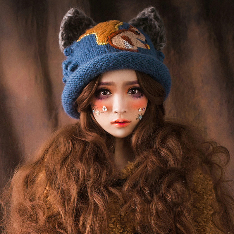 Vintage Embroidered Squirrel Wool Beanies Caps Winter Warm Cat Ears Knitted Hats - Blue