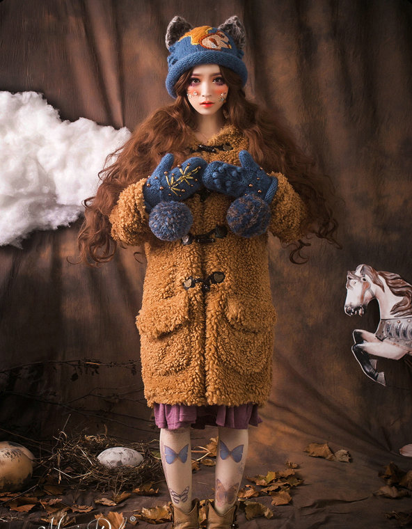Vintage Embroidered Squirrel Wool Beanies Caps Winter Warm Cat Ears Knitted Hats - Blue