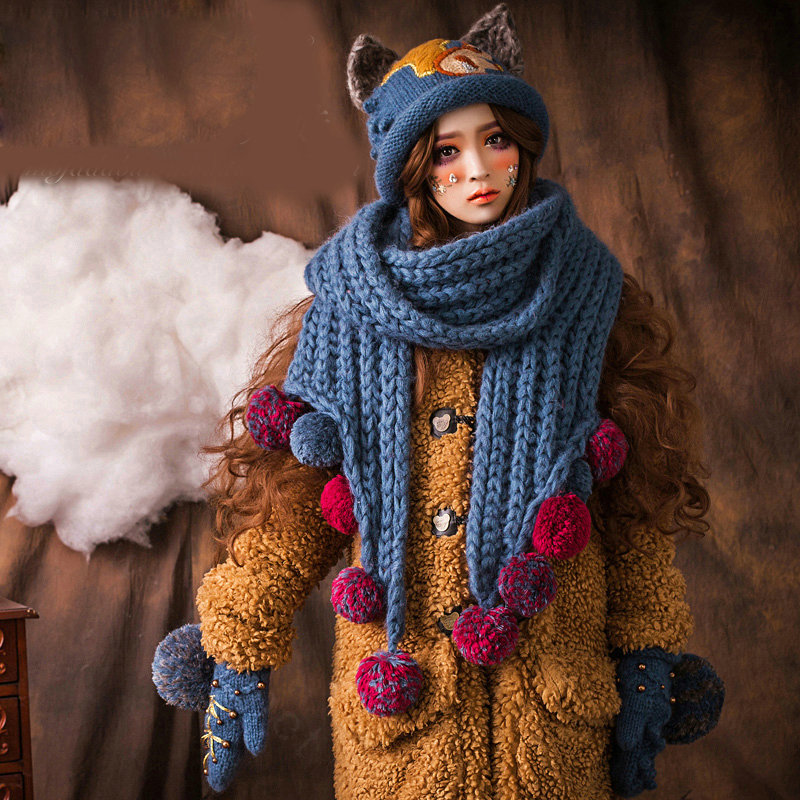 Vintage Embroidered Squirrel Wool Beanies Caps Winter Warm Cat Ears Knitted Hats - Blue