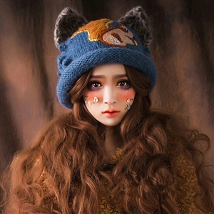 Vintage Embroidered Squirrel Wool Beanies Caps Winter Warm Cat Ears Knitted Hats - Blue