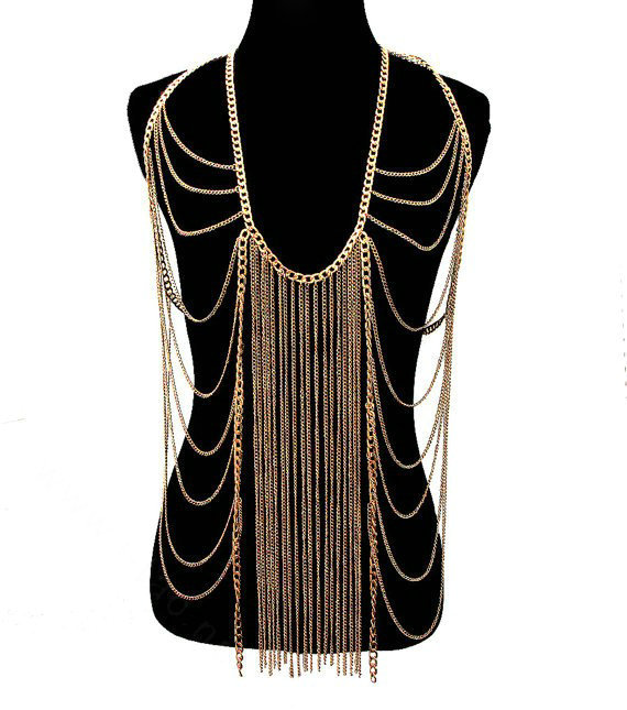 Wholesale Body Belly Waist Chain Tassel Alloy Showgirl Harness Long Necklace Jewelry - Gold