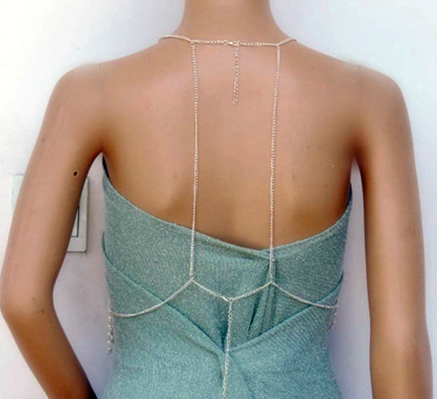 Women Calssic Pearls Body Chain Bikini Bra Slave Harness V Necklace Waist Jewelry - Silver
