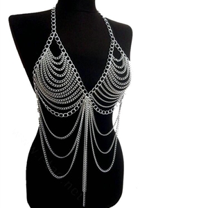 Women Calssic Tassel Body Chain Bikini Bra Slave Harness V Necklace Waist Jewelry - Silver
