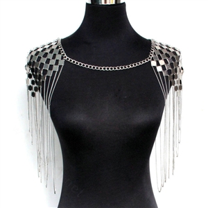 Women Exaggerated Heavy Multi layer Metal Tassel Shoulder Necklace Chain - Sliver