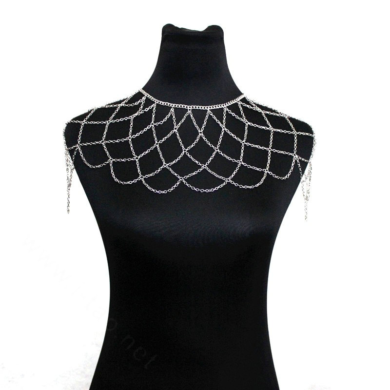 Women Sexy Body Chain Showgirl Mesh Halter Shoulder Necklace Wedding Jewelry - Silver
