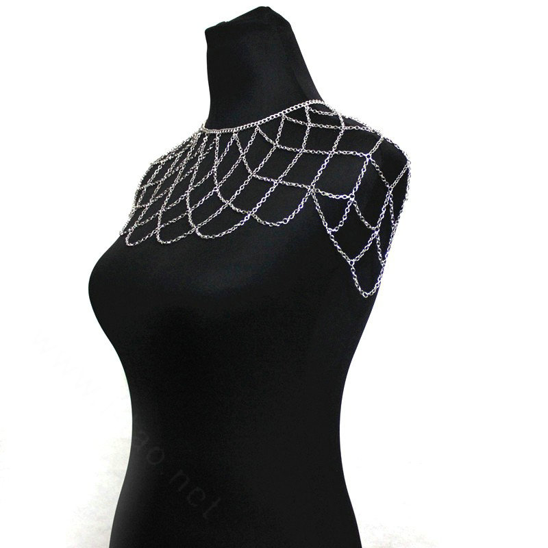 Women Sexy Body Chain Showgirl Mesh Halter Shoulder Necklace Wedding Jewelry - Silver
