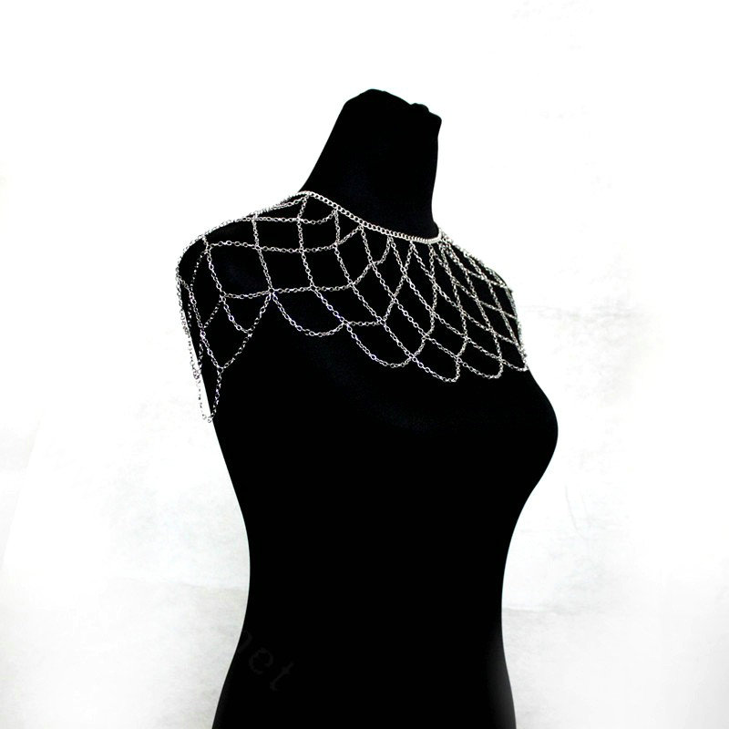 Women Sexy Body Chain Showgirl Mesh Halter Shoulder Necklace Wedding Jewelry - Silver