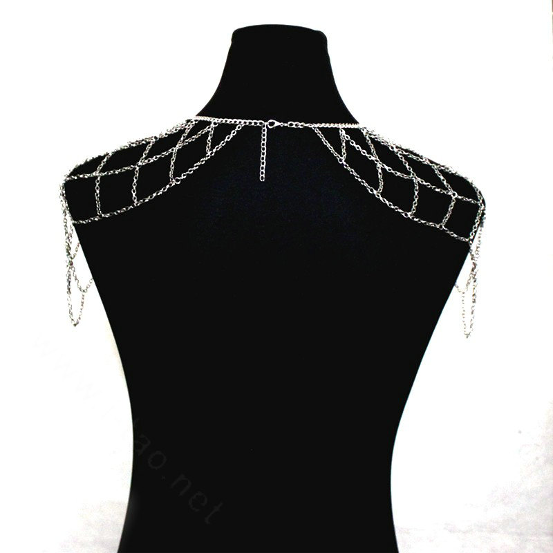 Women Sexy Body Chain Showgirl Mesh Halter Shoulder Necklace Wedding Jewelry - Silver