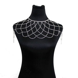 Women Sexy Body Chain Showgirl Mesh Halter Shoulder Necklace Wedding Jewelry - Silver