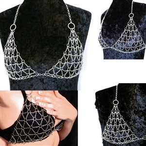 Women Sexy Mesh Body Chain Bra Slave Harness V Necklace Bikini Decor Jewelry - Silver