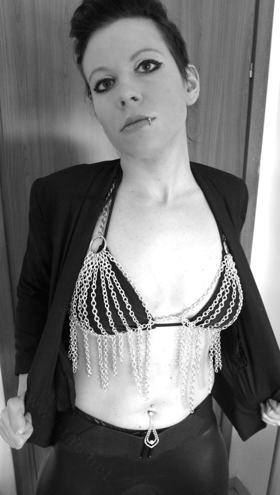 Women Sexy Tassel Body Chain Bikini Bra Slave Harness V Necklace Jewelry - Silver