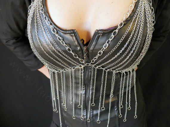 Women Sexy Tassel Body Chain Bikini Bra Slave Harness V Necklace Waist Jewelry - Silver