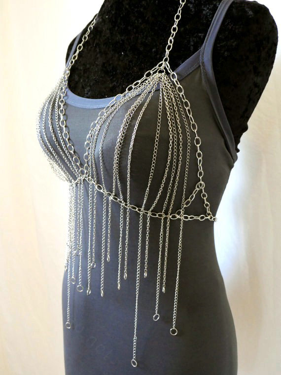 Women Sexy Tassel Body Chain Bikini Bra Slave Harness V Necklace Waist Jewelry - Silver