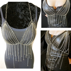 Women Sexy Tassel Body Chain Bikini Bra Slave Harness V Necklace Waist Jewelry - Silver