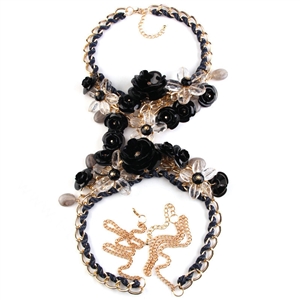 Women Trend Crystal Flower Pendant Necklace Bikini Beach Dress Decro Body Chain - Black