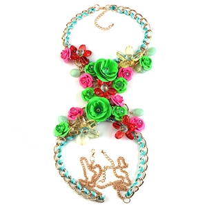 Women Trend Crystal Flower Pendant Necklace Bikini Beach Dress Decro Body Chain - Green