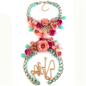 Women Trend Crystal Flower Pendant Necklace Bikini Beach Dress Decro Body Chain - Pink Blue