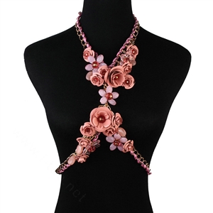 Women Trend Crystal Flower Pendant Necklace Bikini Beach Dress Decro Body Chain - Pink