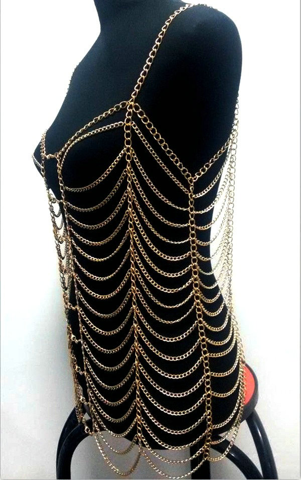 Women's Sexy Lingerie Shoulder Necklace Full Body Bikini Chain Bra Showgirl Jewelry - Gun black