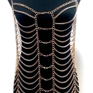 Women's Sexy Lingerie Shoulder Necklace Full Body Bikini Chain Bra Showgirl Jewelry - Gun black