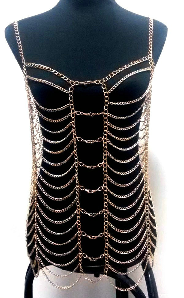 Women's Sexy Lingerie Shoulder Necklace Full Body Bikini Chain Bra Showgirl Jewelry - Sliver