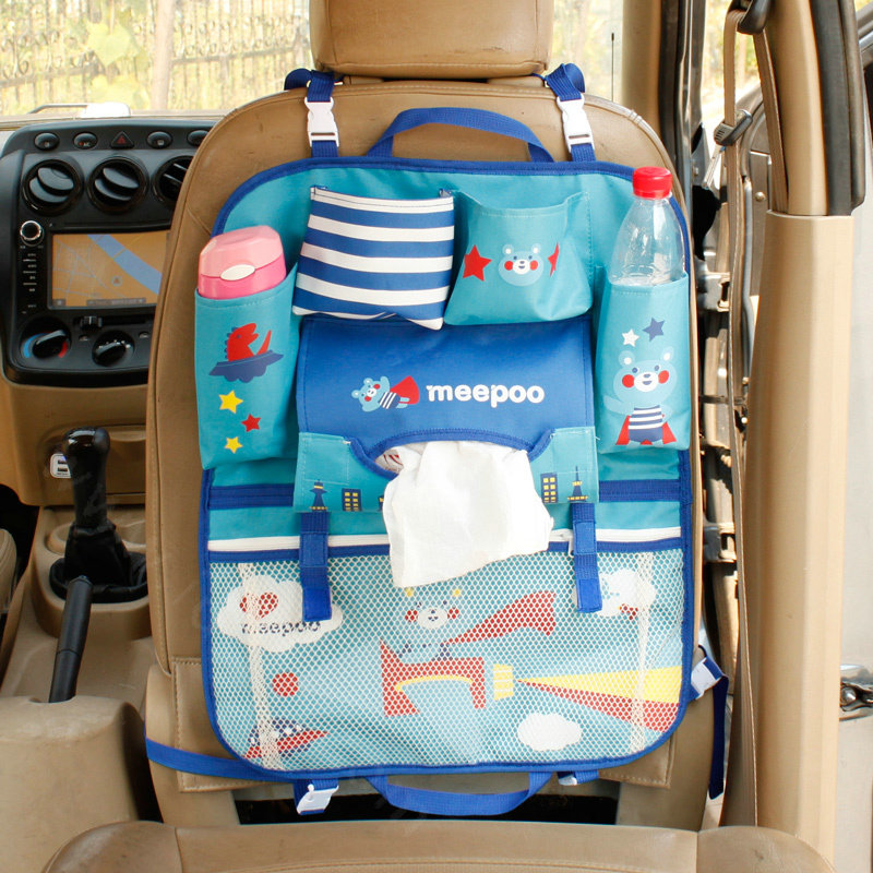 Cute Bears Fold Multi-function Car Seat Back Hanging Pocket Thermal Insulation Storage Bag - Blue