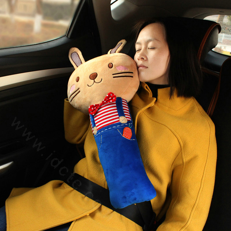 Cute Large Rabbit Car Seat Safety Belt Covers Pads Winter Plush Long Cushion 1pcs - Blue
