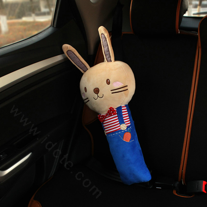 Cute Large Rabbit Car Seat Safety Belt Covers Pads Winter Plush Long Cushion 1pcs - Blue