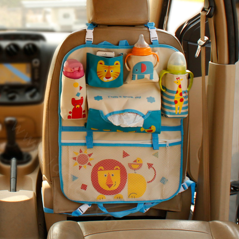 Cute Lion Fold Multi-function Car Seat Back Hanging Pocket Thermal Insulation Storage Bag - Blue
