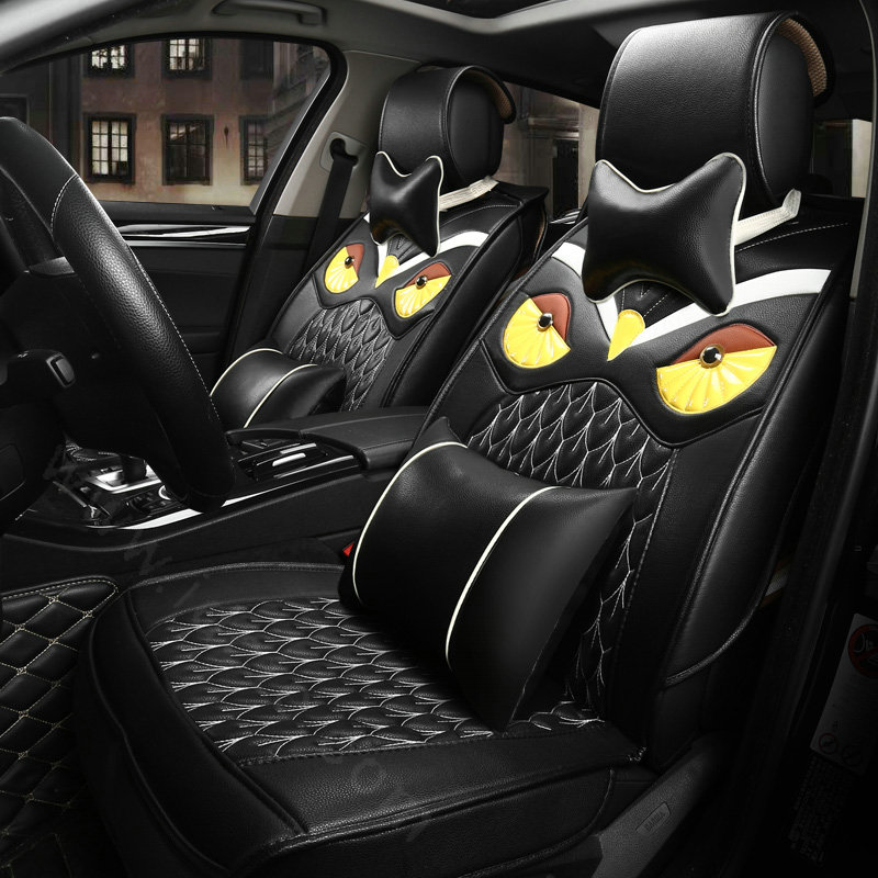 Luxury Owl Embroidered General Vehicle Seat Covers Genuine PU Leather Cushion 10pcs Sets - Black