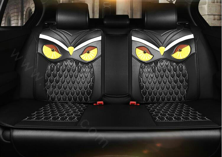 Luxury Owl Embroidered General Vehicle Seat Covers Genuine PU Leather Cushion 10pcs Sets - Black