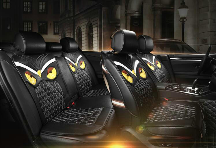 Luxury Owl Embroidered General Vehicle Seat Covers Genuine PU Leather Cushion 10pcs Sets - Black
