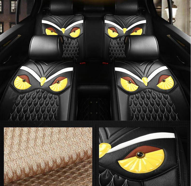 Luxury Owl Embroidered General Vehicle Seat Covers Genuine PU Leather Cushion 10pcs Sets - Black
