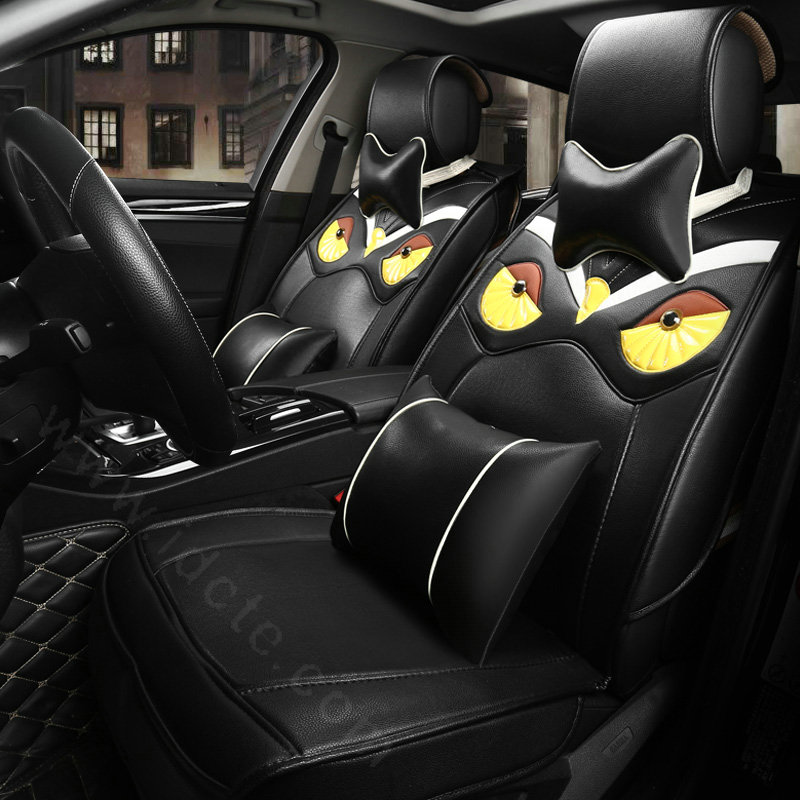 Luxury Personality Owl General Car Seat Covers Genuine PU Leather Cushion 10pcs Sets - Black