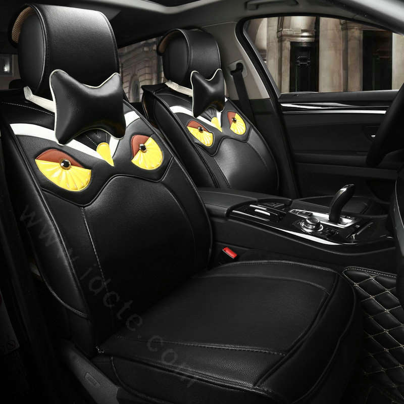 Luxury Personality Owl General Car Seat Covers Genuine PU Leather Cushion 10pcs Sets - Black