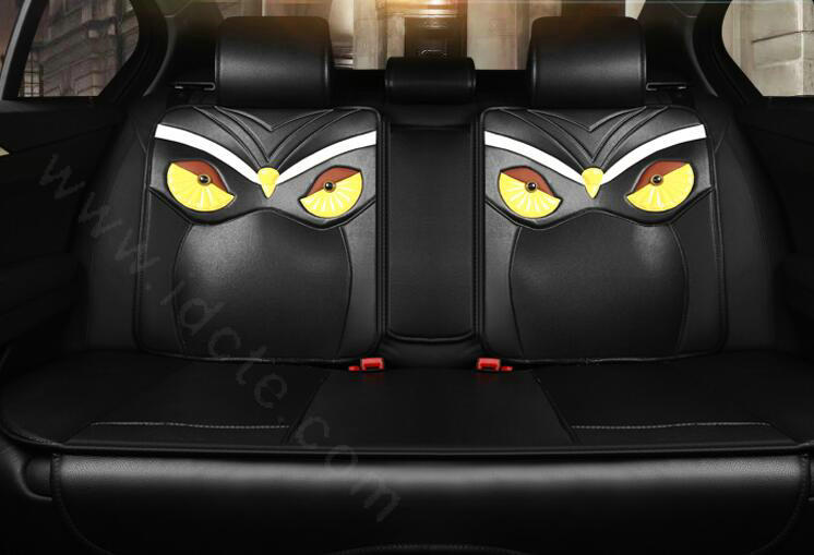 Luxury Personality Owl General Car Seat Covers Genuine PU Leather Cushion 10pcs Sets - Black