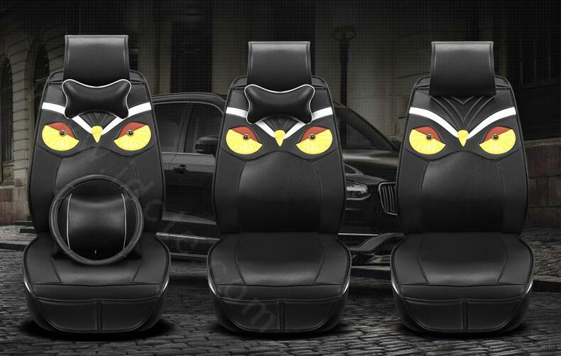 Luxury Personality Owl General Car Seat Covers Genuine PU Leather Cushion 10pcs Sets - Black