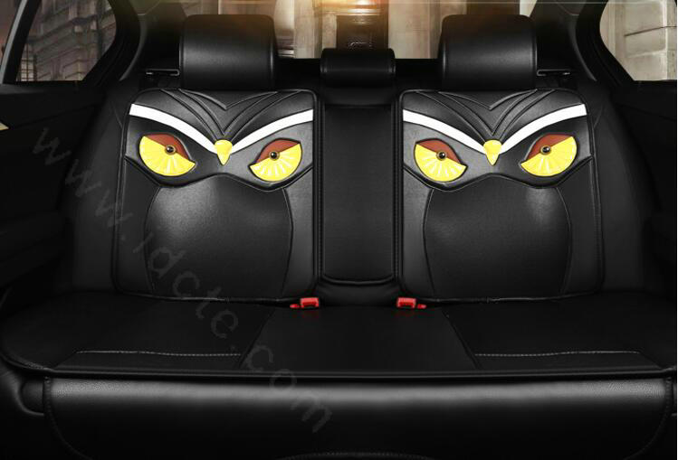 Personality Owl General Car Seat Covers Genuine PU Leather Cushion 5pcs Sets - Black