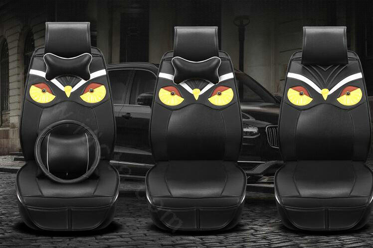 Personality Owl General Car Seat Covers Genuine PU Leather Cushion 5pcs Sets - Black