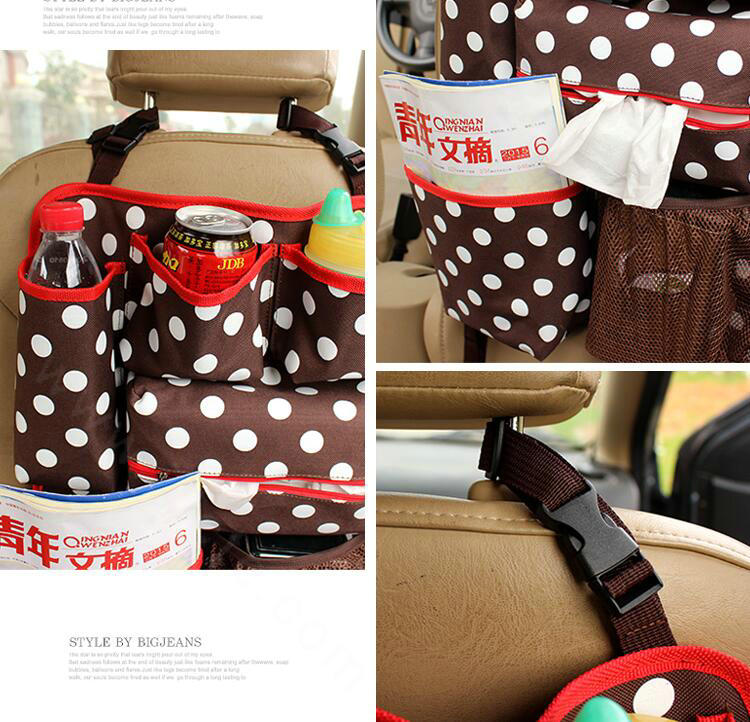 Polka Dot Multi-function Car Seat Back Hanging Pocket Thermal Storage Bag for Children - Coffee