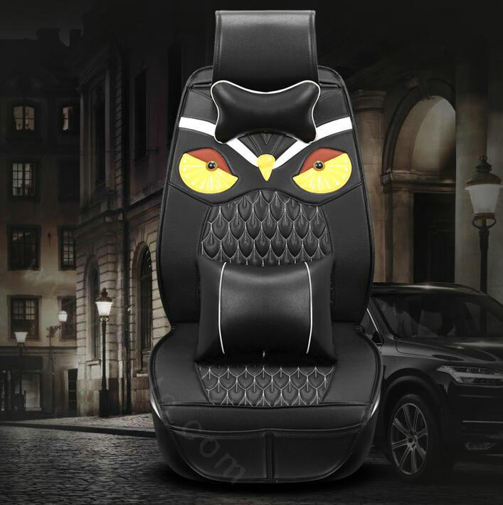 Unique Owl Embroidered General Car Seat Covers Genuine PU Leather Cushion 5pcs Sets - Black