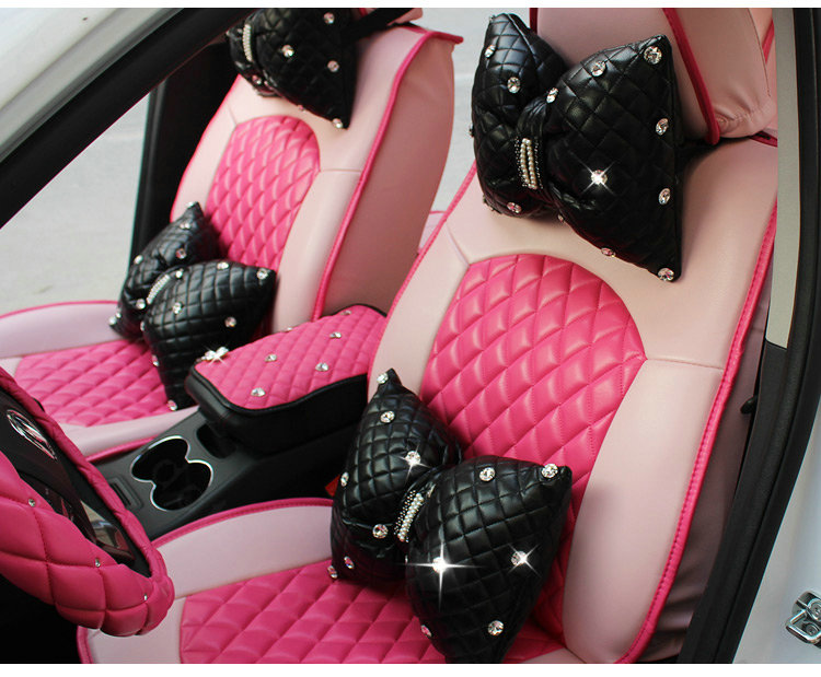 1PCS Bowknot Leather Car Neck Pillow General Beads Diamond Auto Headrest for Women - Black
