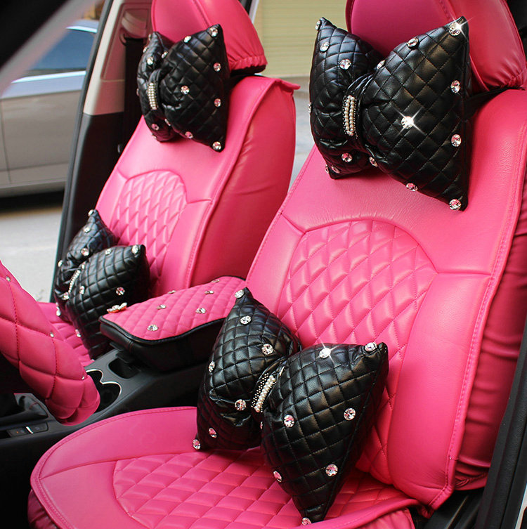 1PCS Bowknot Leather Car Neck Pillow General Beads Diamond Auto Headrest for Women - Black